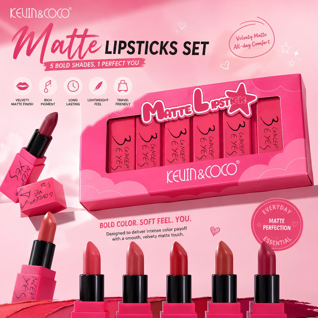 KEVIN & COCO 5PCS Velvet Matte Lipstick Set – Long Lasting, Lightweight, Premium Gift Box