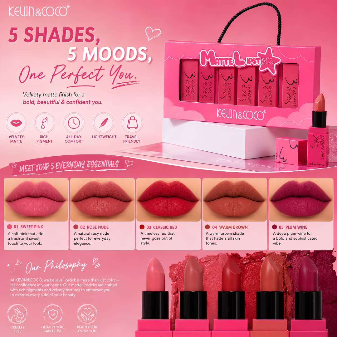 KEVIN & COCO 5PCS Velvet Matte Lipstick Set – Long Lasting, Lightweight, Premium Gift Box