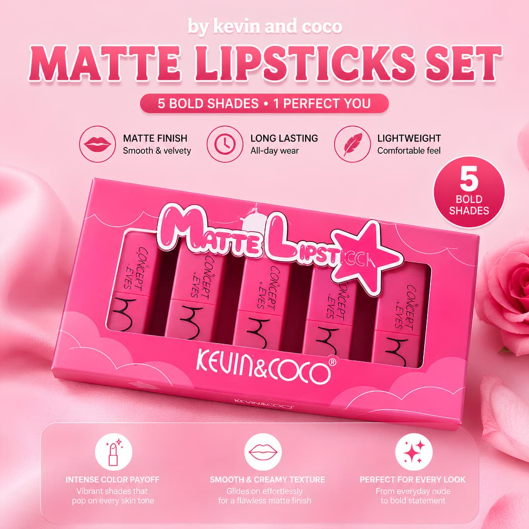 KEVIN & COCO 5PCS Velvet Matte Lipstick Set – Long Lasting, Lightweight, Premium Gift Box
