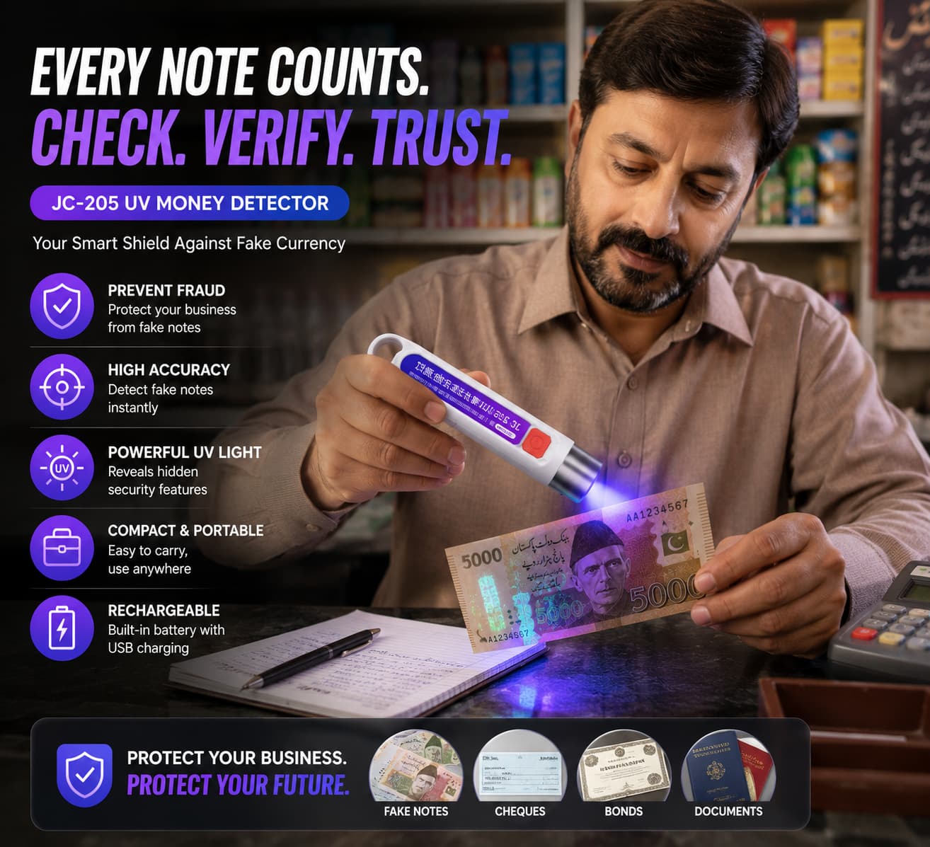 UV Fake Money Detector - Verify Notes, Cheques & Bonds - Protection From Scammers
